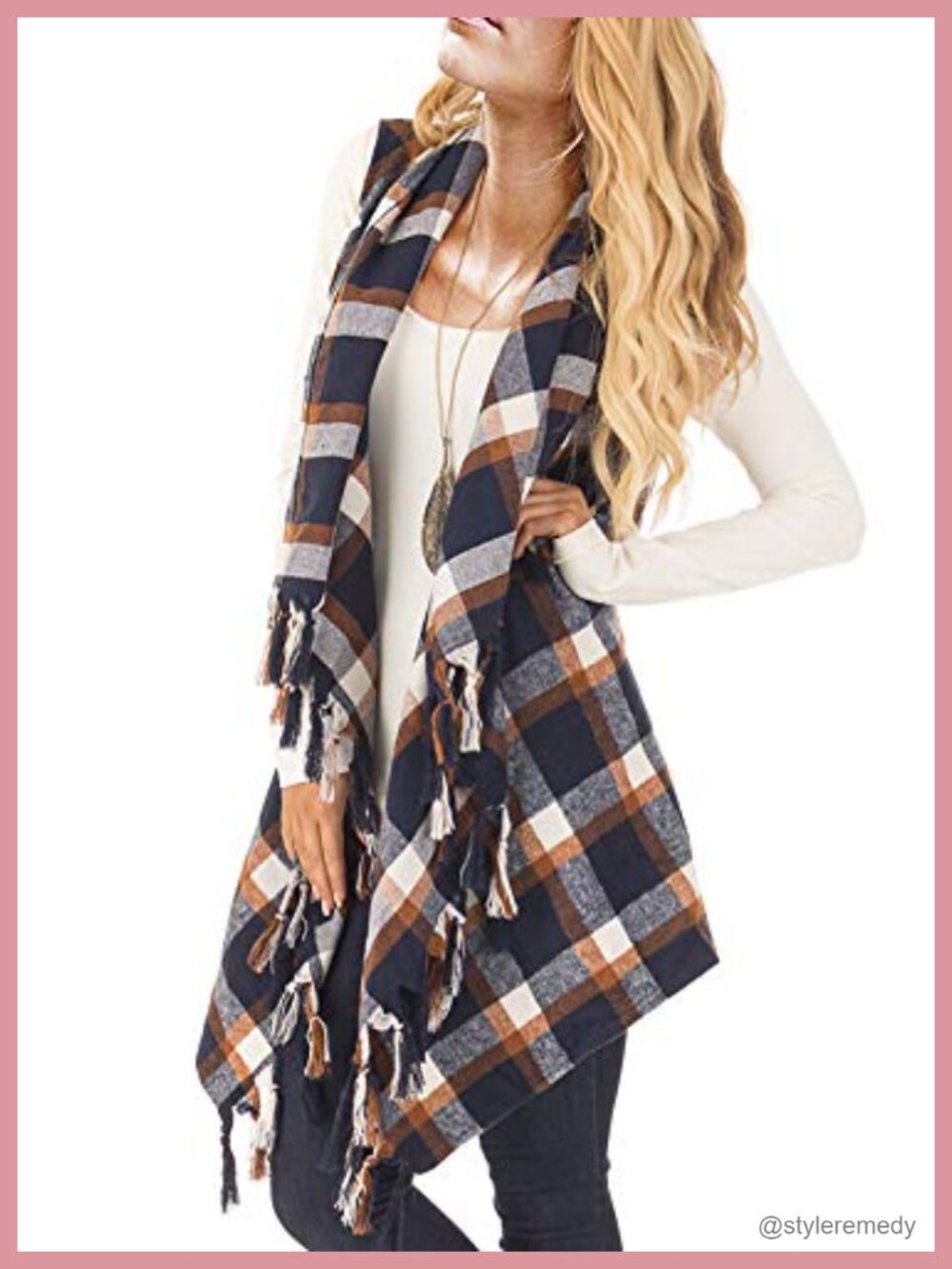 Plaid Sleeveless Open Front Cardigan Vest with Asymmetrical Tassel Hem